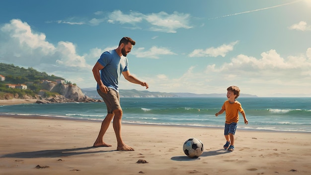 Joven padre con su pequeño hijo jugando al fútbol en la playa mar día soleado de verano