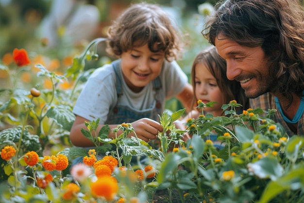 Foto joven padre con sus sonrientes hijos jardinando en el patio trasero