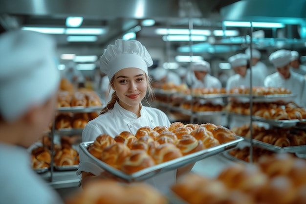 joven panadera profesional sosteniendo una bandeja con panes en una gran panadería moderna