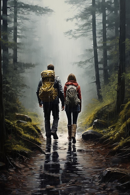 Un joven par de excursionistas caminan por el bosque cuando llueve