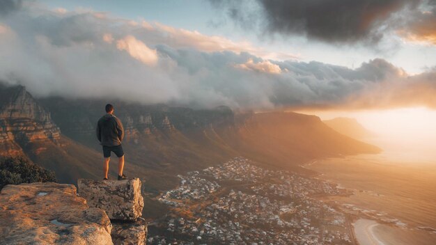 Foto joven parado en la cima de la roca en ciudad del cabo