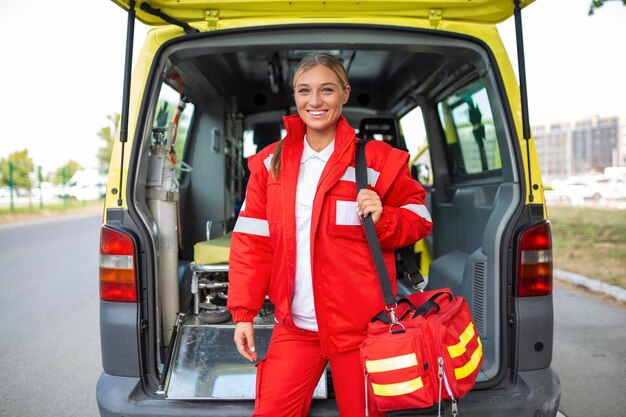 Una joven paramédica parada en la parte trasera de una ambulancia junto a las puertas abiertas Ella está mirando a la cámara con una expresión de confianza sonriendo llevando una bolsa de trauma médico en su hombro