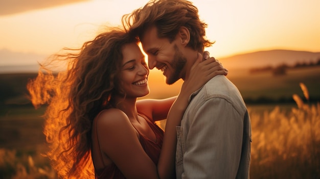 una joven pareja abrazándose al atardecer sonriendo y disfrutando