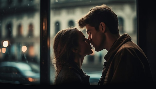Joven pareja abrazándose besándose disfrutando de la noche de invierno en la ciudad generada por IA