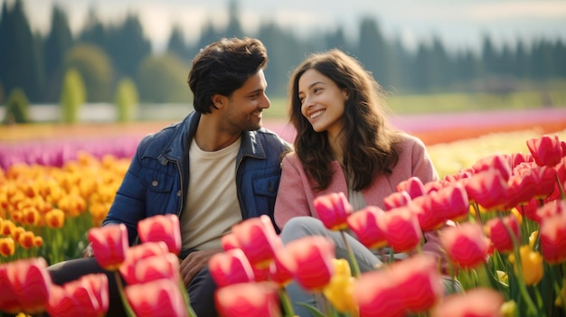 Una joven pareja alegre en el campo de flores de tulipán de primavera compartiendo un momento