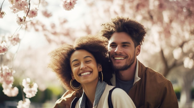 Una joven pareja alegre rodeada de flores rosadas de primavera compartiendo un momento