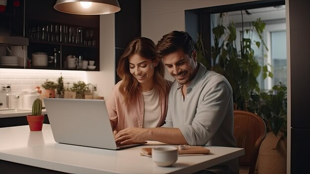 Foto una joven pareja alegre se sienta en una elegante mesa de cocina en un interior moderno de estilo minimalista, ambos sonriendo mientras colaboran en la planificación del presupuesto con una pantalla de portátil en foco.