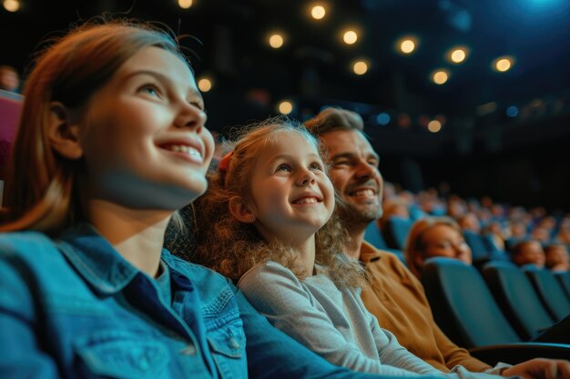 Foto una joven pareja alegre está con su hija en el cine viendo una película emocionante