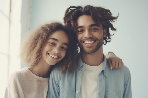 Foto una joven pareja amorosa con el pelo rizado lúdico compartiendo una sonrisa genuina en ropa de denim casual un verdadero momento de conexión y felicidad relajada