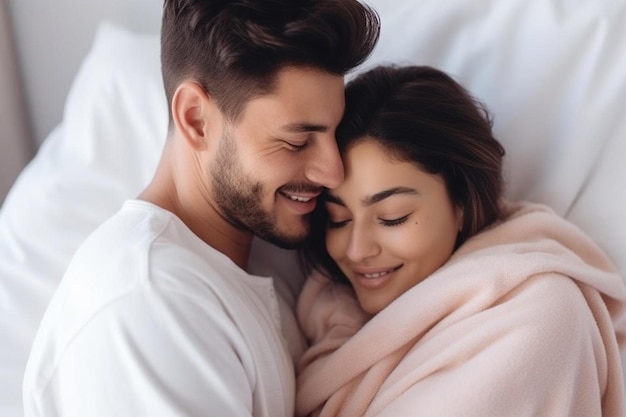 una joven pareja amorosa relajándose en la cama juntos una pareja feliz viendo una película en casa