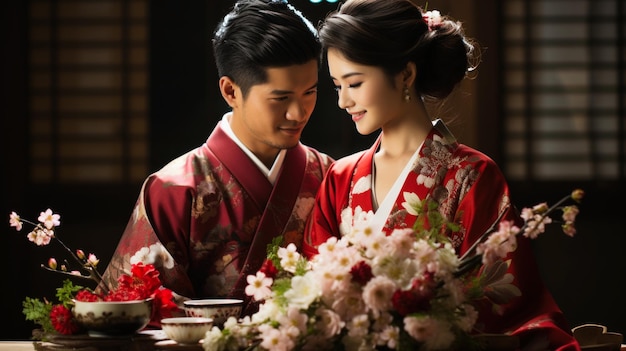 Joven pareja asiática en kimono japonés tradicional con flores y ceremonia del té IA generativa