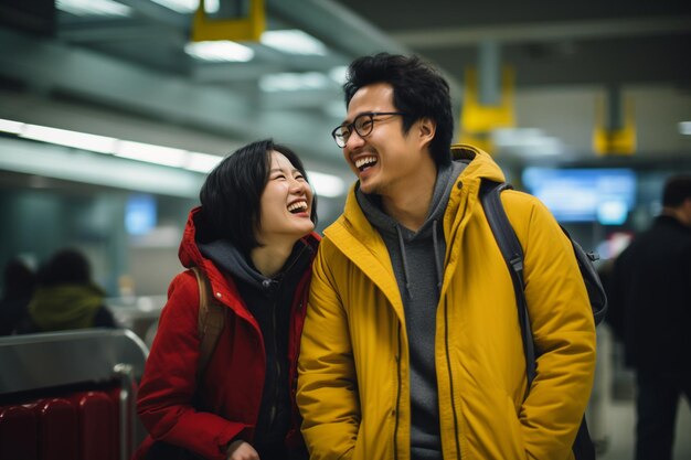 joven pareja asiática pasajero en el aeropuerto fondo estilo bokeh