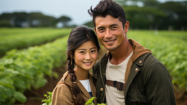 Una joven pareja asiática de pie en el campo de cultivo de plantas de tabaco