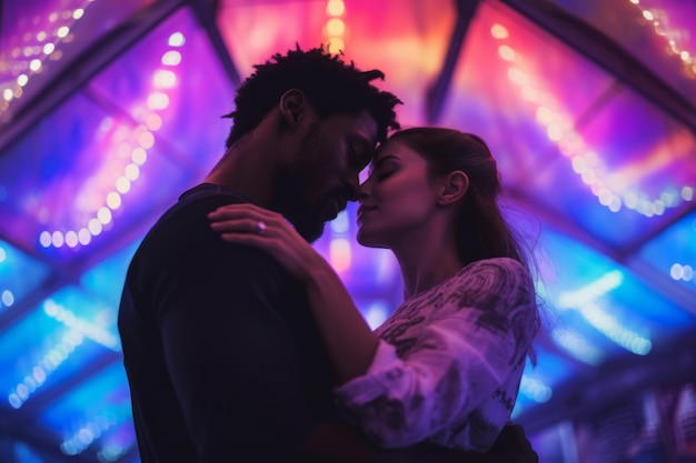 Foto joven pareja besándose frente a las luces del escenario en un festival de música generado por ai