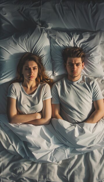 Foto una joven pareja en la cama se apartó la una de la otra con los brazos cruzados encarnando momentos de tensión