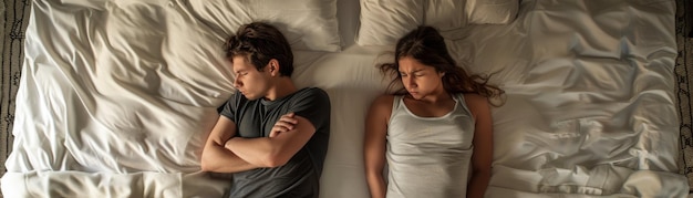 Foto una joven pareja en la cama se apartó la una de la otra con los brazos cruzados encarnando momentos de tensión