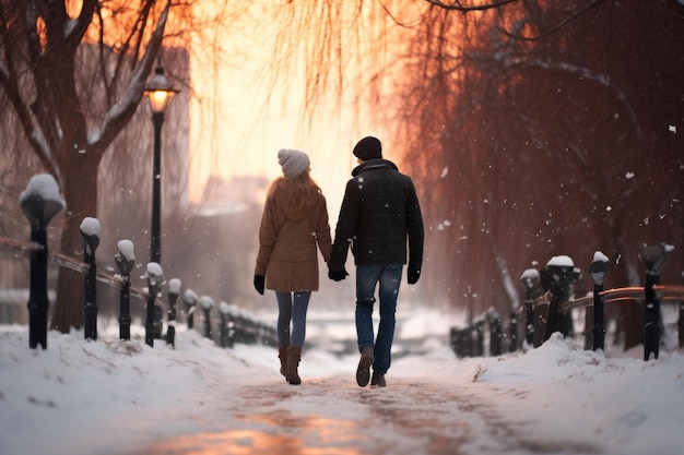 Una joven pareja caminando por el invierno.