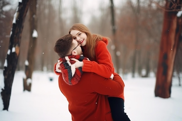 Una joven pareja casada enamorada abraza y besa románticamente la IA generada por la familia Navidad Año Nuevo
