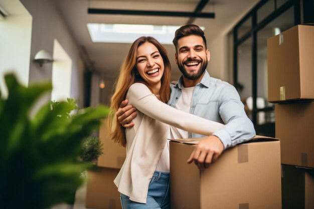 Joven pareja casada feliz en su nuevo hogar después de mudarse Desempacar cajas después de mudarse a un nuevo apartamento Nuevos propietarios Hipoteca Alquiler de propiedad