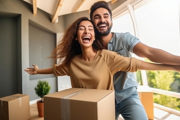 Joven pareja casada feliz en su nuevo hogar después de mudarse Desempacar cajas después de mudarse a un nuevo apartamento Nuevos propietarios Hipoteca Alquiler de propiedad
