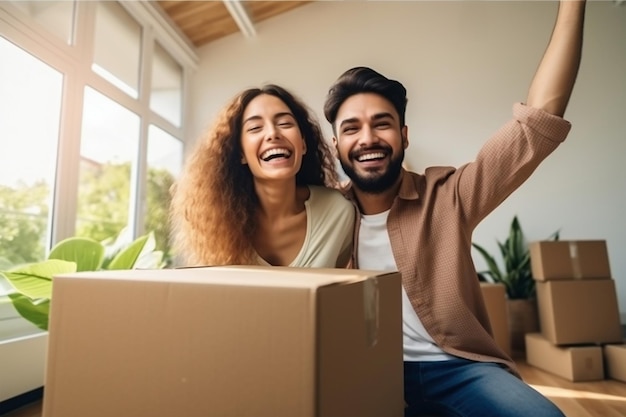 Joven pareja casada feliz en su nuevo hogar después de mudarse Desempacar cajas después de mudarse a un nuevo apartamento Nuevos propietarios Hipoteca Alquiler de propiedad