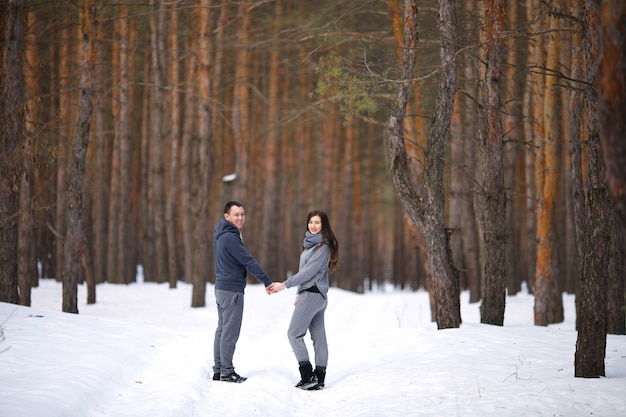 Joven pareja casada en invierno en un bosque nevado se dan la mano