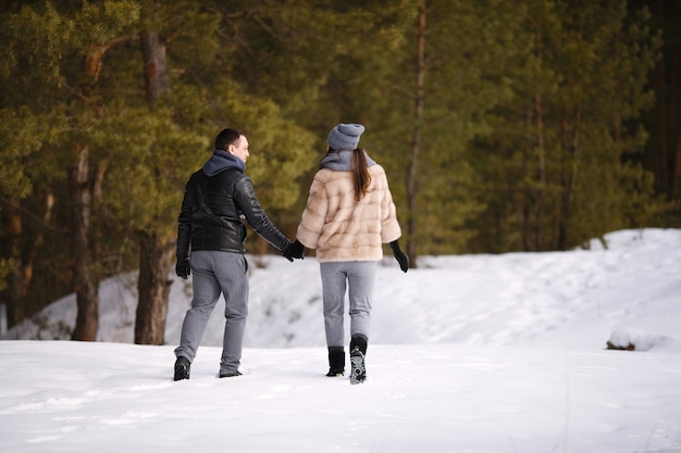 Joven pareja casada en invierno en un bosque nevado se dan la mano