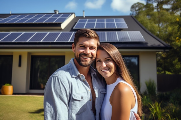 Foto una joven pareja caucásica sonriente de pie frente a una casa con paneles solares en el techo innovadores sistemas de energía para ahorrar dinero