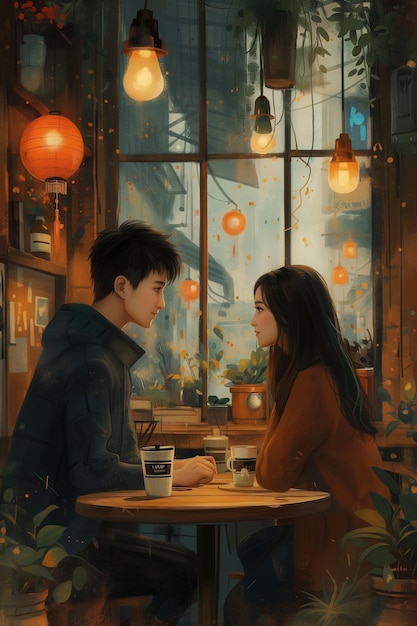 Una joven pareja coreana de unos 20 años está conversando en un café.