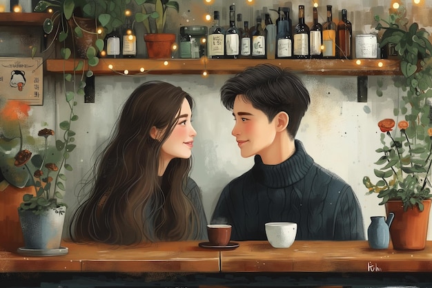 Una joven pareja coreana de unos 20 años está conversando en un café.