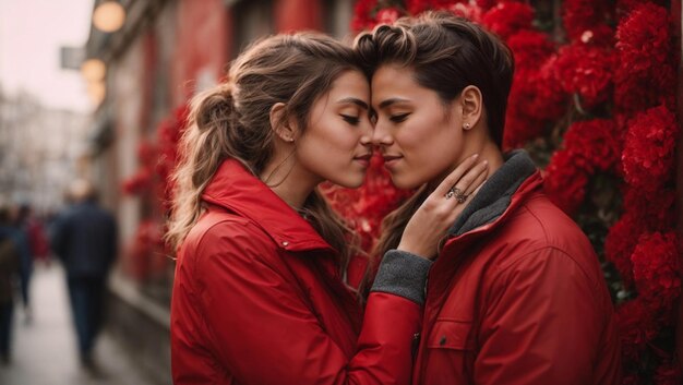 Una joven pareja de dos mujeres al aire libre con chaqueta roja abrazándose besándose y disfrutando de pasar tiempo con