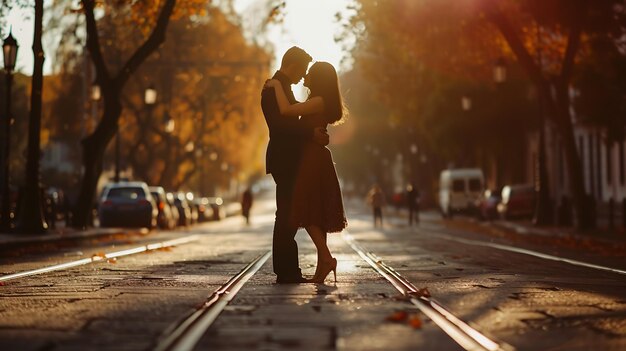 Una joven pareja enamorada se abraza en una vía ferroviaria el sol se está poniendo proyectando un cálido resplandor sobre la escena