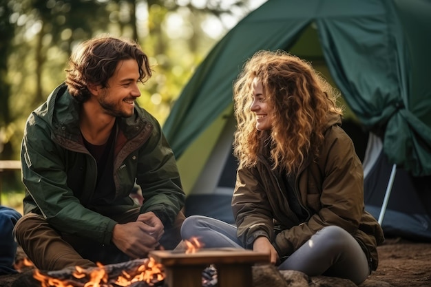 Una joven pareja enamorada acampando en el bosque.