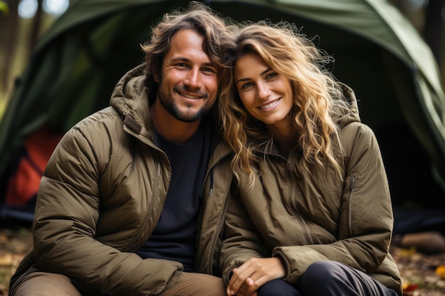 Una joven pareja enamorada acampando en el bosque.