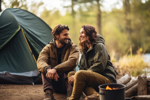 Una joven pareja enamorada acampando en el bosque.