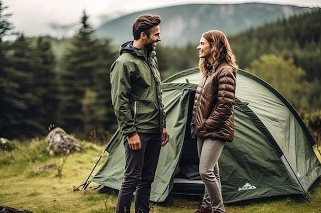 Una joven pareja enamorada acampando en el bosque.