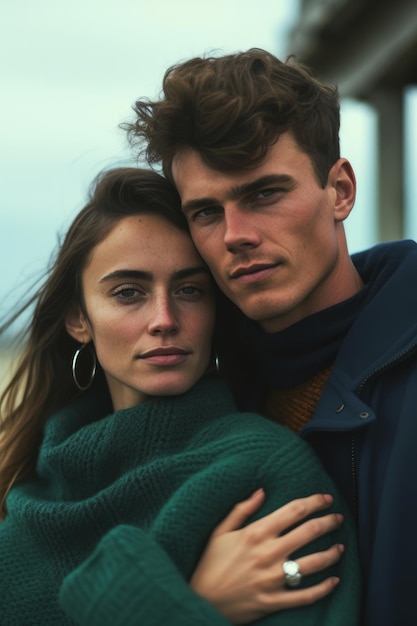 Una joven pareja enamorada, la chica del suéter verde lleva un suéter verde.