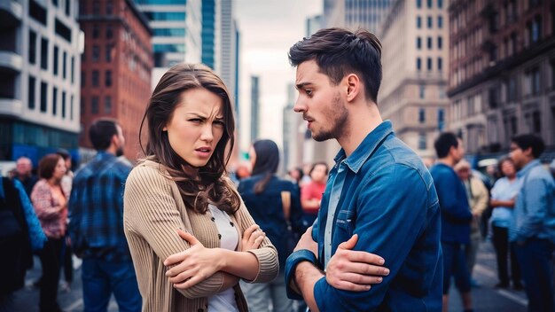 Foto una joven pareja enamorada ofendida de pie aislada