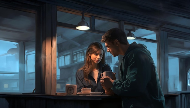 Una joven pareja enamorada se sienta en un café por la noche y bebe café emoción de amor
