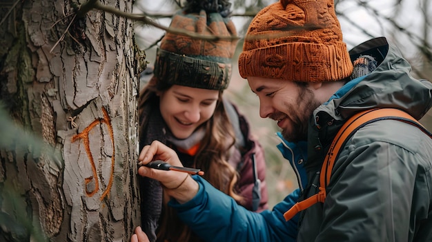 Una joven pareja enamorada tallando sus iniciales en un árbol en el bosque ambos están sonriendo y parecen felices