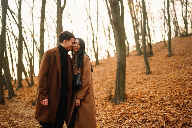 Joven pareja de enamorados caminando en el parque en un día de otoño