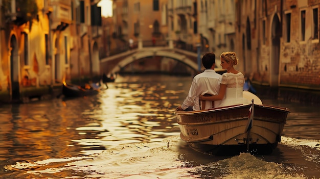 Una joven pareja está en un barco en Venecia, Italia. Están sentados de espaldas a la cámara y disfrutando del paisaje.