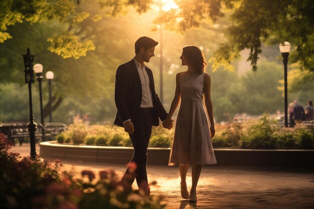 Una joven pareja feliz caminando por el parque y teniendo una conversación por Generative Ai