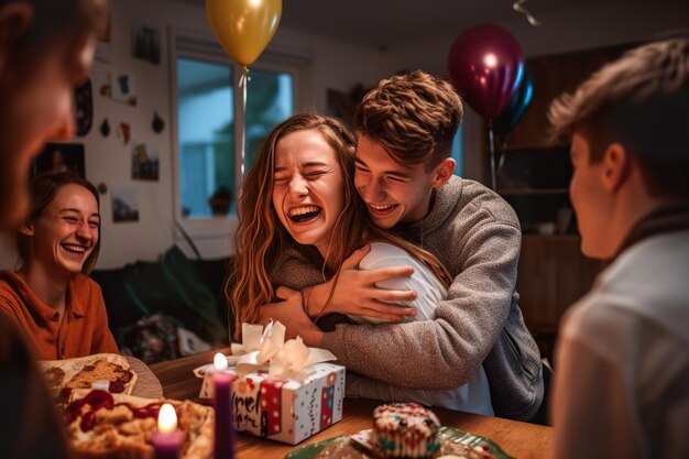 Una joven pareja feliz celebrando su cumpleaños generativo ai