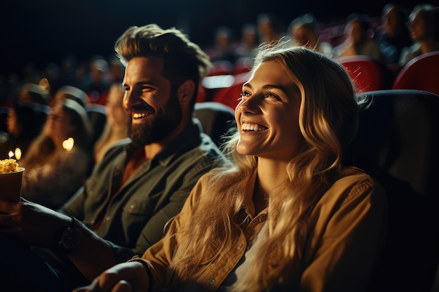 Una joven pareja feliz en el cine viendo una película emocionante concepto de cine