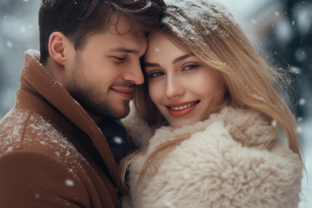 Joven pareja feliz y enamorada en el invierno