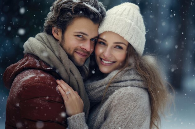 Joven pareja feliz y enamorada en el invierno