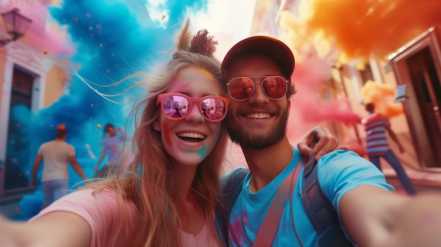 Una joven pareja feliz en el festival de Holi
