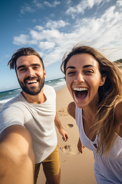 Una joven pareja feliz se hace una selfie en la playa.