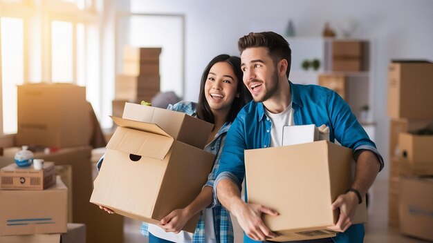 Foto una joven pareja feliz mudándose a un nuevo apartamento llevando cajas de cartón mirando a su alrededor y sonriendo